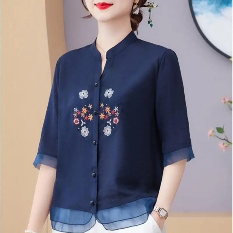 FloraFashion Blusa Vintage Estiva con Scollo a V
