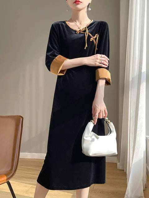 Betoverende Lente en Herfst Gouden Fluwelen Jurk