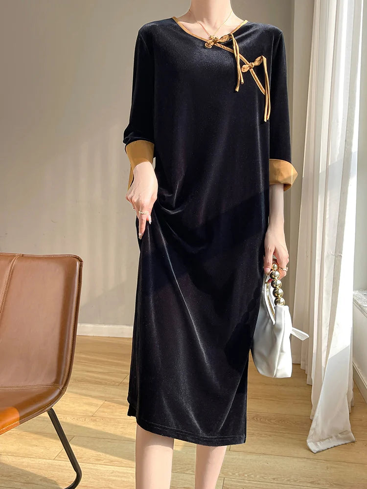 Betoverende Lente en Herfst Gouden Fluwelen Jurk