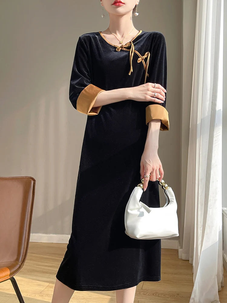 Betoverende Lente en Herfst Gouden Fluwelen Jurk