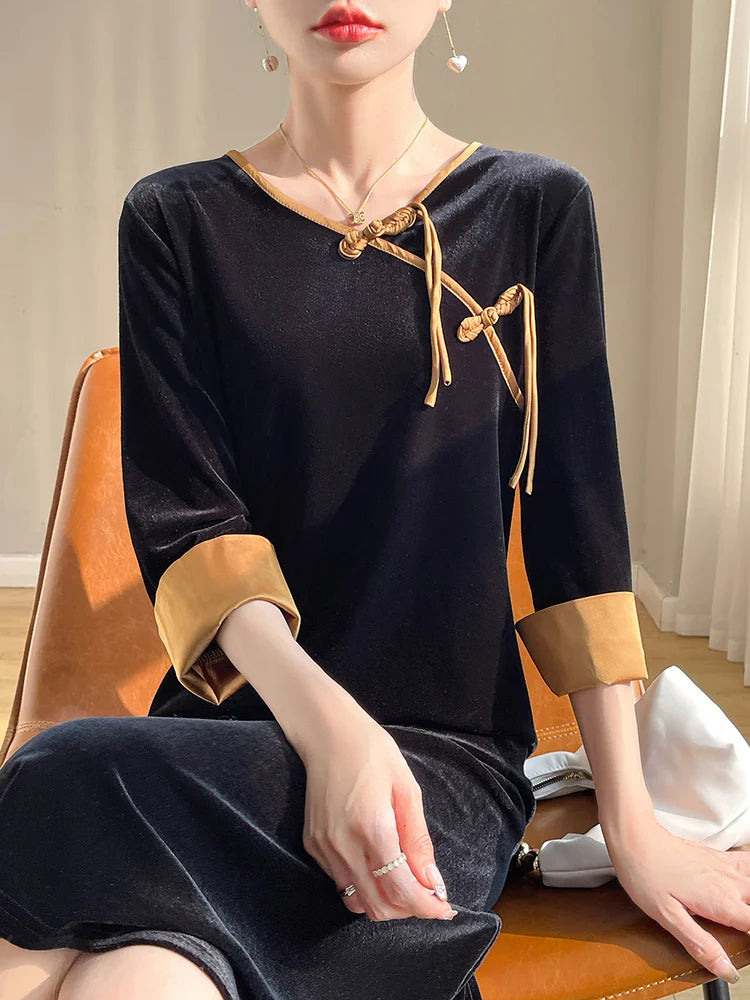 Betoverende Lente en Herfst Gouden Fluwelen Jurk