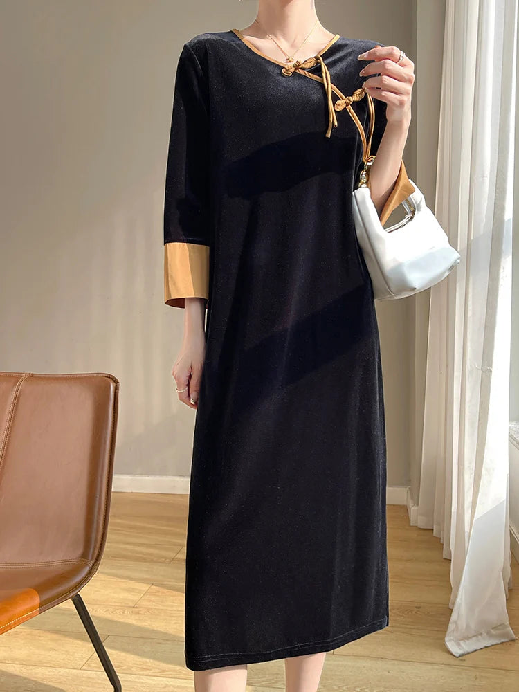 Betoverende Lente en Herfst Gouden Fluwelen Jurk