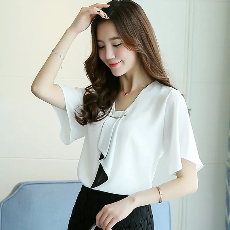 Ontdek de Charme van Lente met Elegant Touch: Chiffon Damesblouse met Korte Mouwen