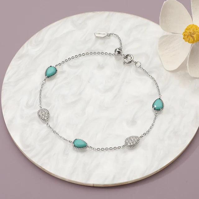 GlansGlam Incantevole Nuova Moda Braccialetto Regolabile con Forma a Goccia d'Acqua Zircone Pietra Blu Verde