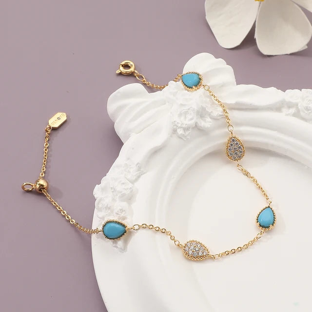 GlansGlam Incantevole Nuova Moda Braccialetto Regolabile con Forma a Goccia d'Acqua Zircone Pietra Blu Verde