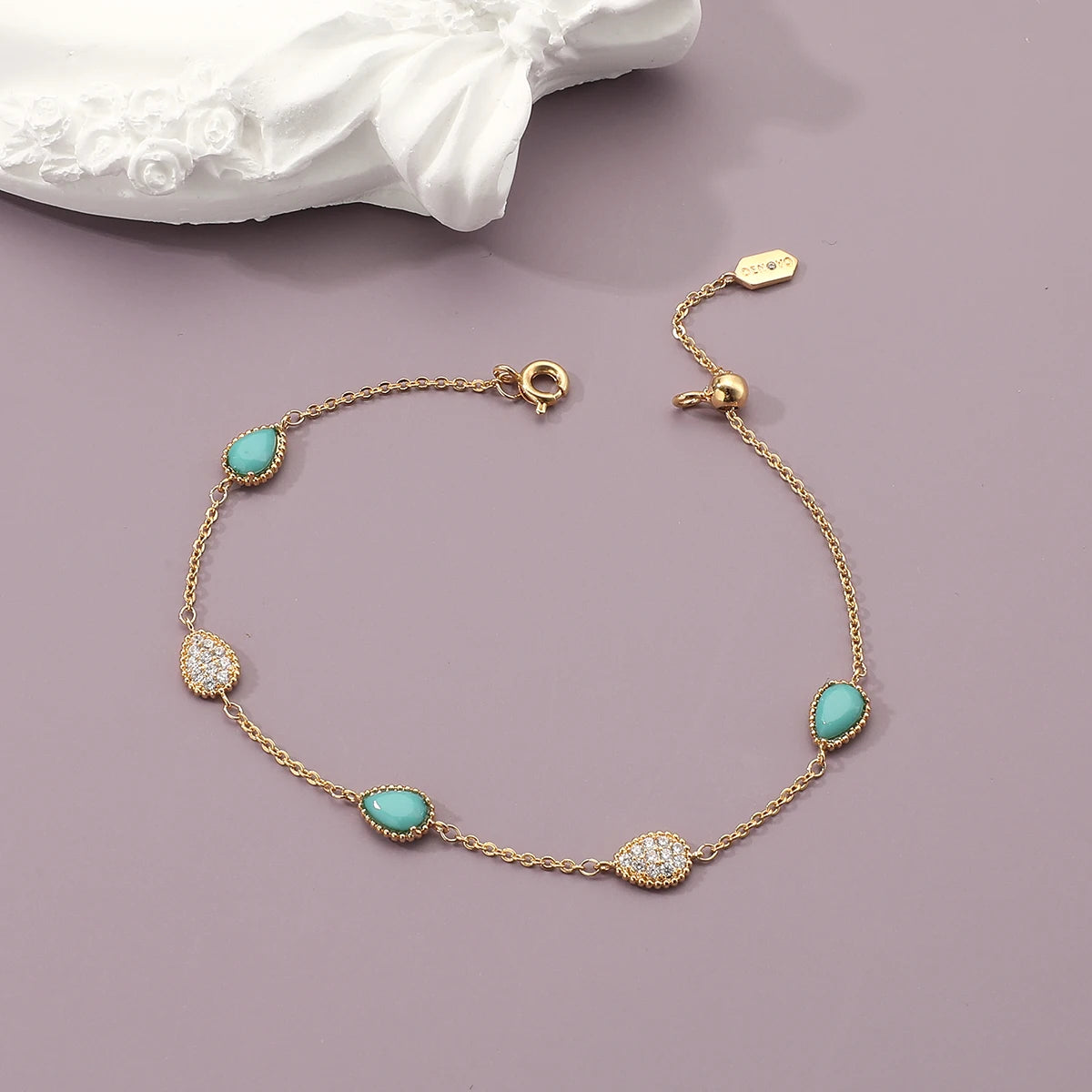 GlansGlam Incantevole Nuova Moda Braccialetto Regolabile con Forma a Goccia d'Acqua Zircone Pietra Blu Verde