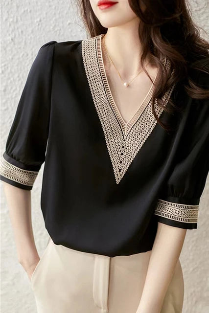 Black Chiffon Shirt with Embroidered Silk Details - Summer Chic
