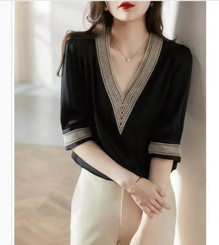 Black Chiffon Shirt with Embroidered Silk Details - Summer Chic