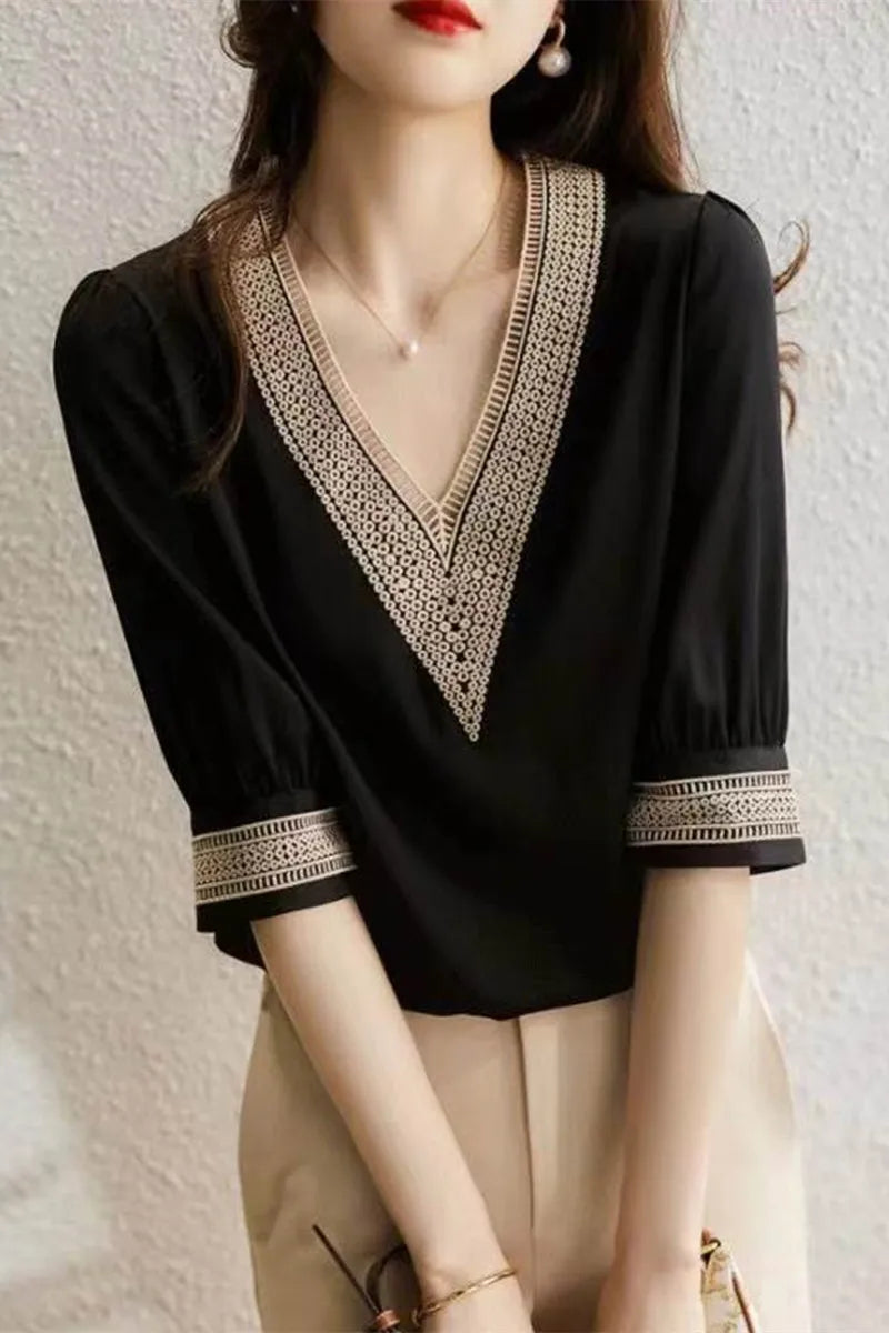 Black Chiffon Shirt with Embroidered Silk Details - Summer Chic