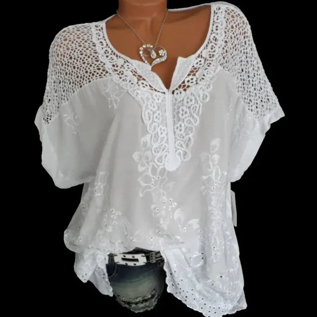 Blusa de encaje de manga corta de verano con ajuste holgado
