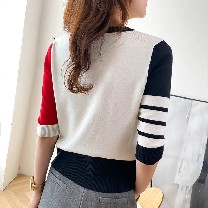 Deep-thinking Summer Trend Short Sleeves Cotton T-Shirt with Four Grids