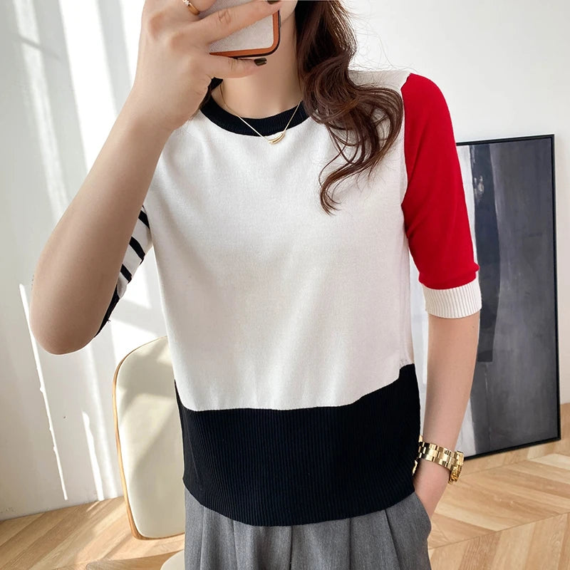 Deep-thinking Summer Trend Short Sleeves Cotton T-Shirt with Four Grids