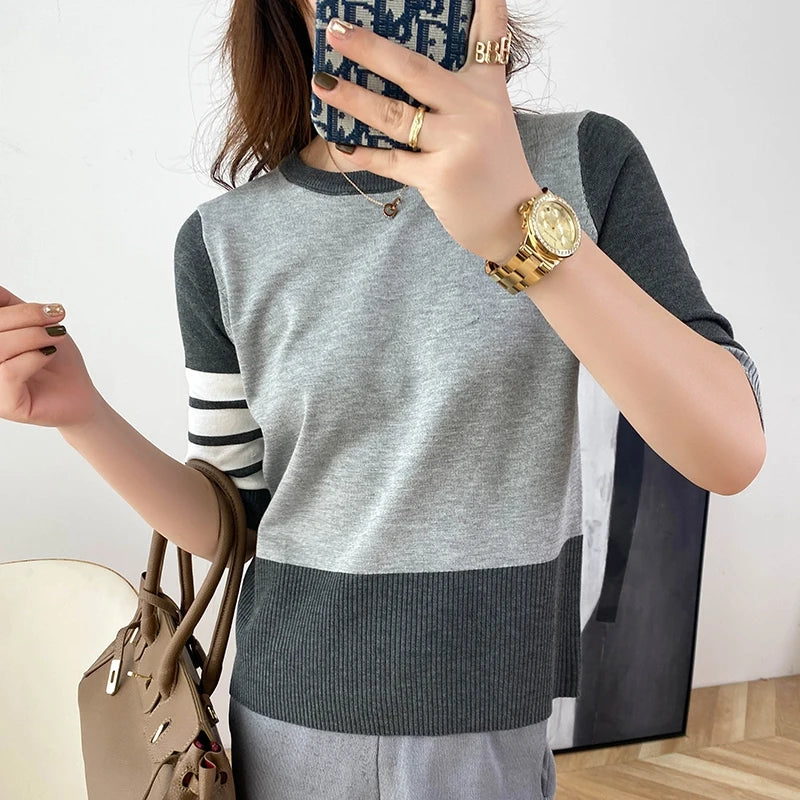 Deep-thinking Summer Trend Short Sleeves Cotton T-Shirt with Four Grids