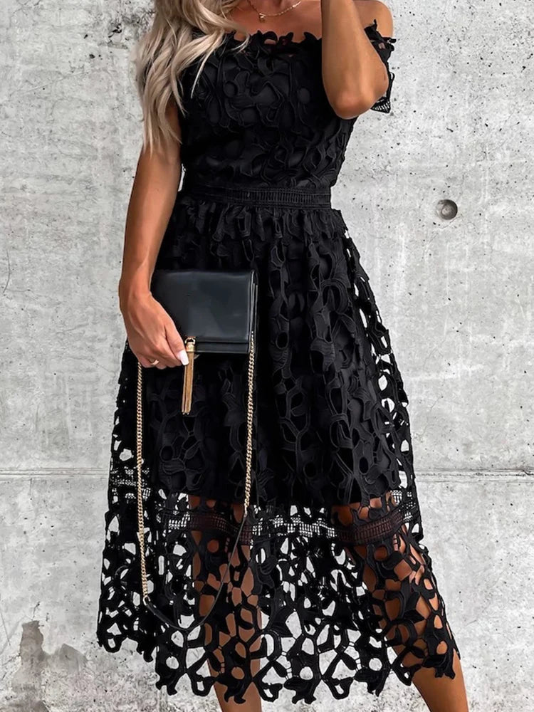 GlamourBloom Vestito Midi con Spalle Scoperte