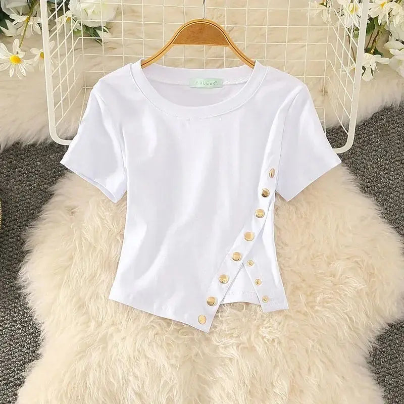 Nieuwe Irreguliere Zijdelingse Split Korte Mouw T-Shirt voor Vrouwen