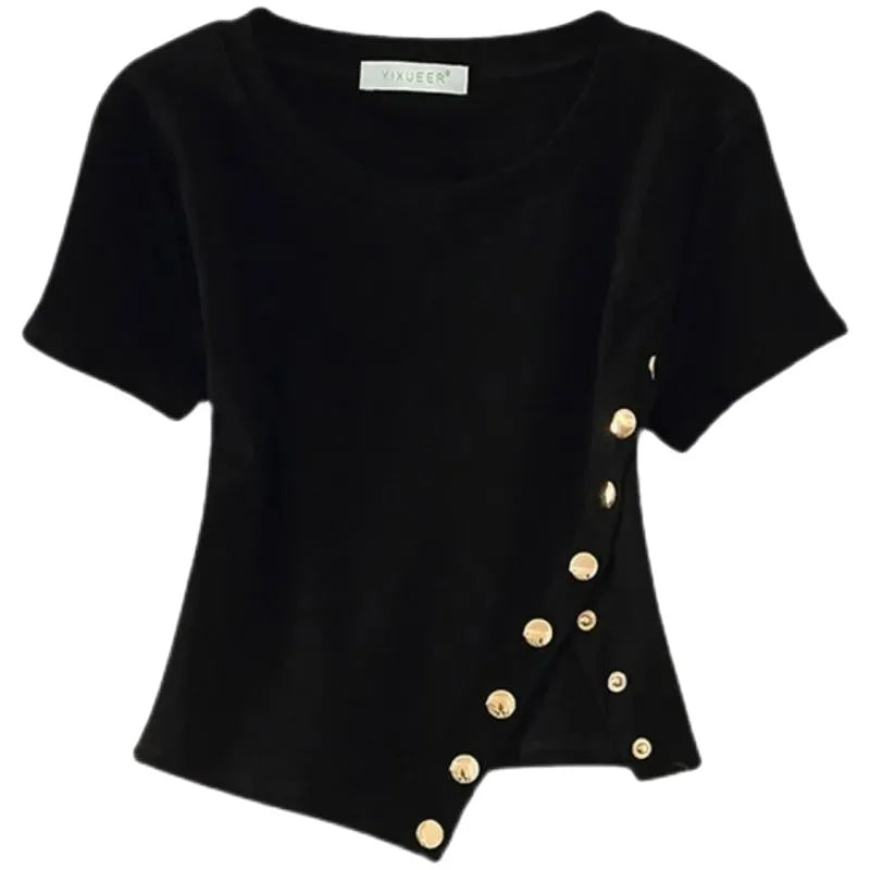 Nieuwe Irreguliere Zijdelingse Split Korte Mouw T-Shirt voor Vrouwen