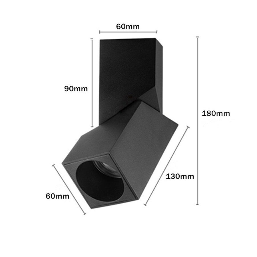 OptimaLuxe downlight met een strak en modern ontwerp in zwart. De afmetingen zijn 90mm breed, 60mm diep en 180mm hoog, ideaal voor energiezuinige verlichting in elke ruimte. Perfect voor het accentueren van kunstwerken of het creëren van sfeervolle verlichting.