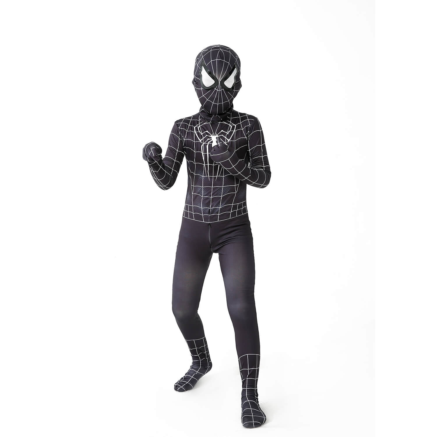 Orimax Spiderman kostuum met een avontuurlijk design, geïnspireerd door het iconische zwarte Spider-Man pak. Het kostuum is volledig zwart met witte webpatronen en het beroemde Spider-Man logo op de borst. Het masker heeft de kenmerkende witte ogen en is perfect voor kinderen die hun favoriete superheld willen nabootsen. Dit kostuum is ideaal voor Halloween, feestjes of cosplay en biedt een comfortabele en flexibele pasvorm voor een levendige Spider-Man ervaring.