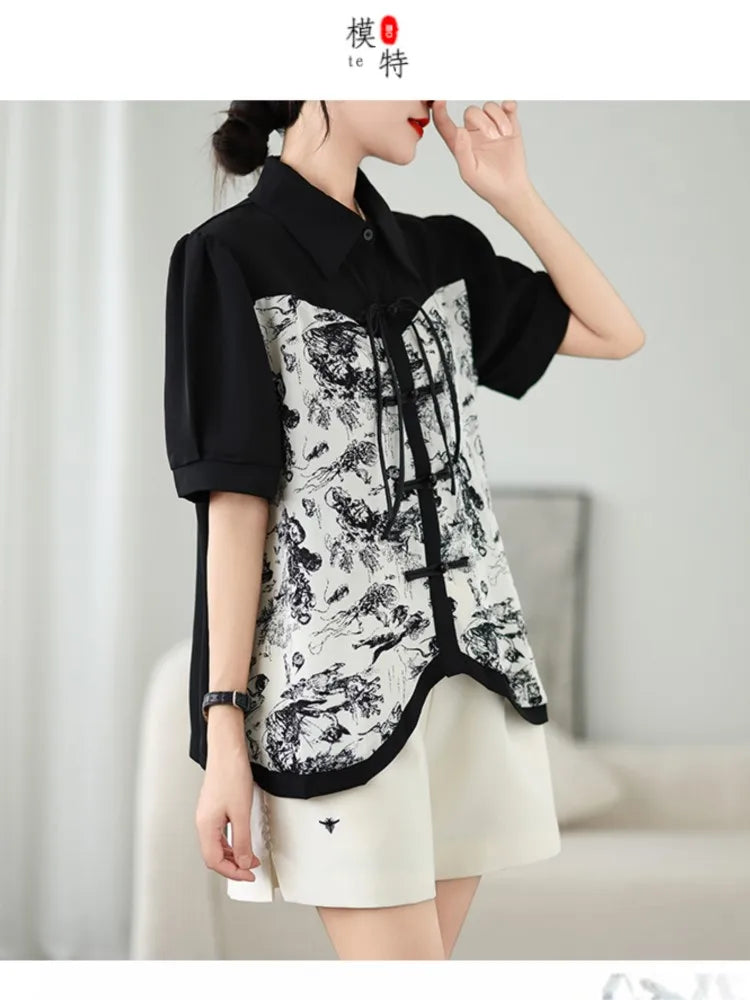 Camicie e Top Oversize con Stampa Stile Cinese Estivo per Donna
