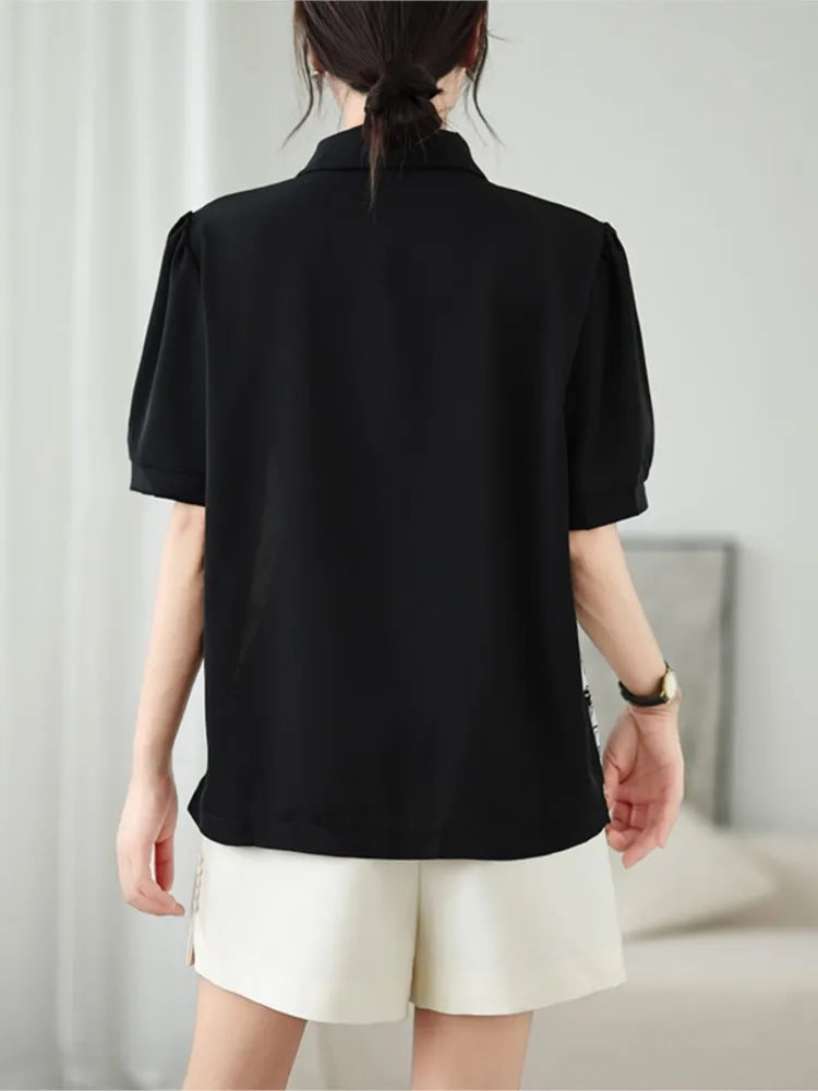 Camicie e Top Oversize con Stampa Stile Cinese Estivo per Donna