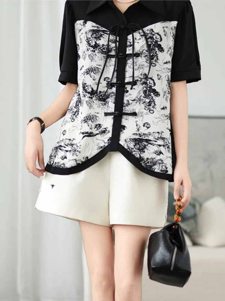 Camicie e Top Oversize con Stampa Stile Cinese Estivo per Donna