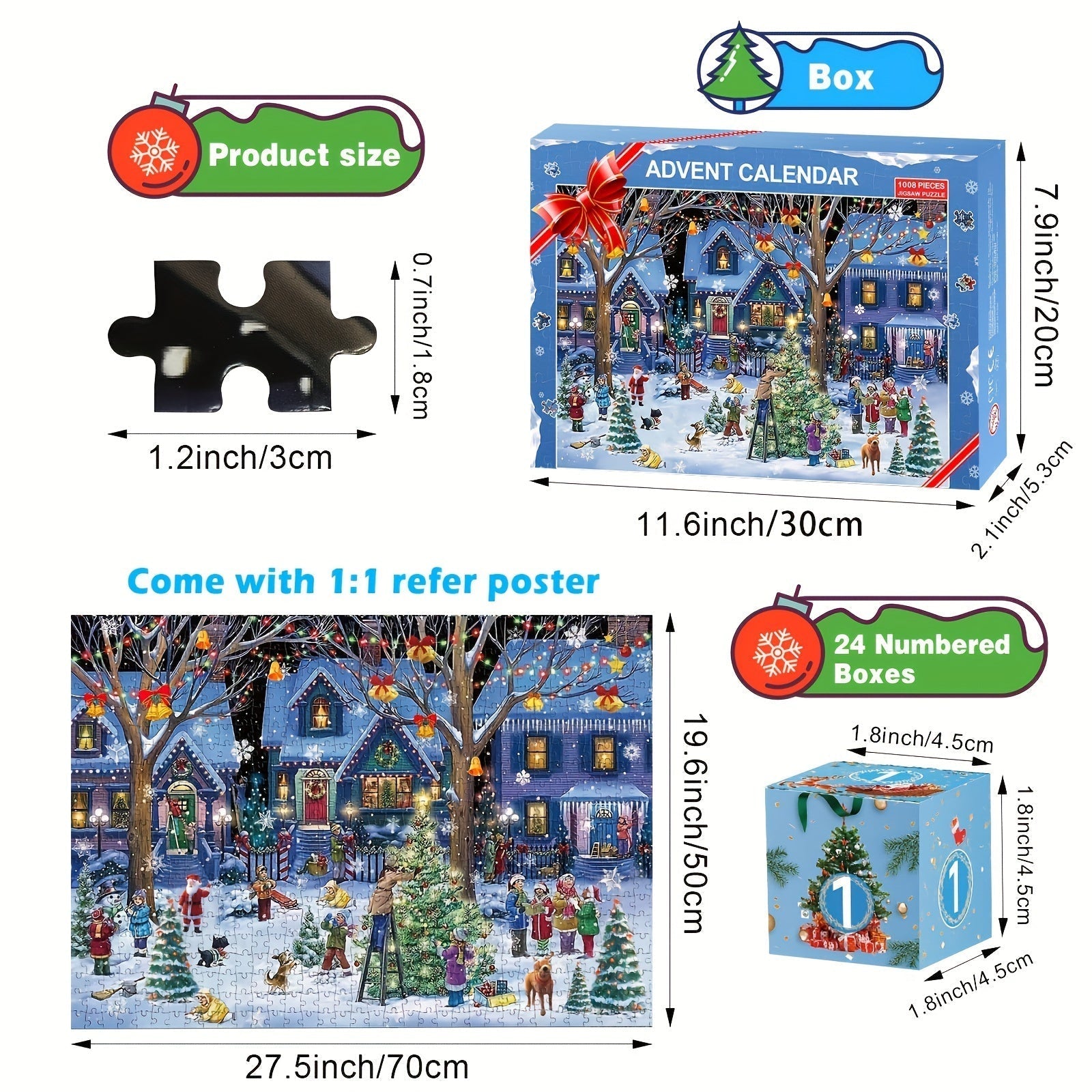PLANOVA Adventskalender in kerstthema met 1000 stukjes. De doos heeft de afbeelding van een kerstmis dorp en bevat 24 genummerde vakjes. Het product wordt geleverd met een referentieposter van de puzzel en meet 11,6 inch x 7,9 inch. De puzzelstukjes zijn 1,2 inch (3 cm) groot, en de puzzel zelf is 27,5 inch x 19,6 inch (70 cm x 50 cm).