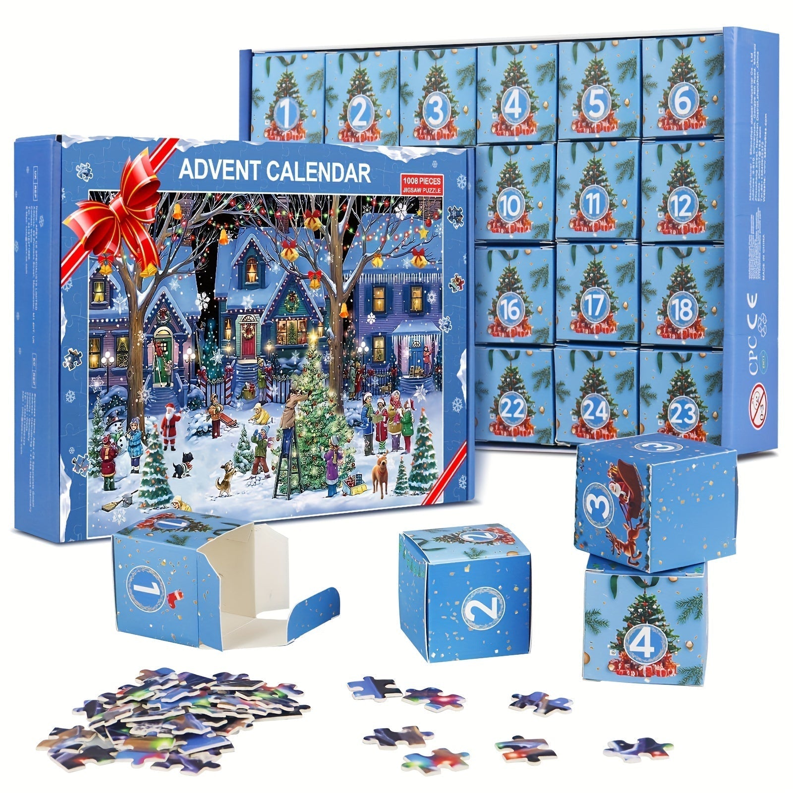 PLANOVA Adventskalender met een kerstthema, compleet met een puzzel van een kerst dorp, 24 vakjes met stukjes om elke dag van december te openen, en een vrolijke, feestelijke sfeer.