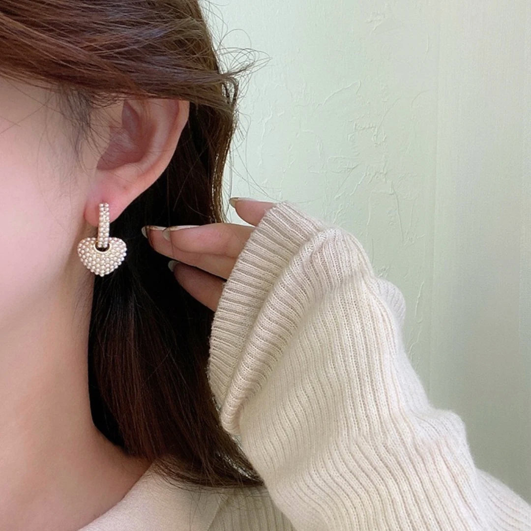 Enchanting Pearl Earrings with Heart-Shaped Pendant