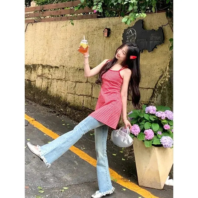 Petite Rode Checked Tank Dress Summer Fresh Style