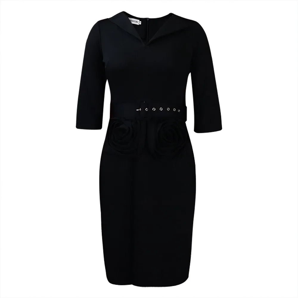 Plus Size Elegant V-neck Pencil Dress with Belt
