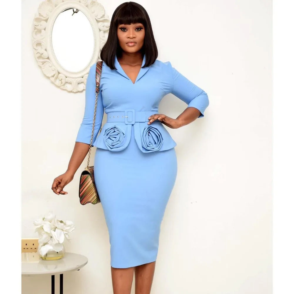 Plus Size Elegant V-neck Pencil Dress with Belt