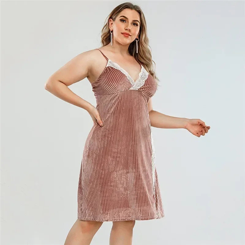 Comfortable Ribbed Lace Mini Nightdress for Curve Women