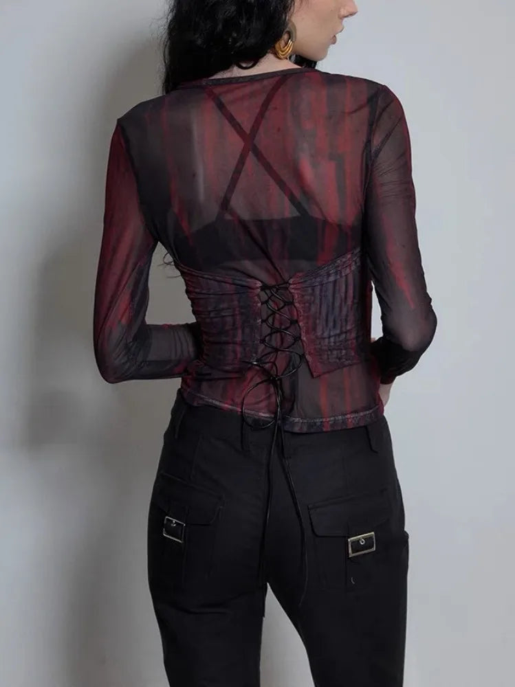 Rebel Chic Coquette Sexy Tie Dye Maglie in Rete Top Fascia Crop T-Shirt Donna