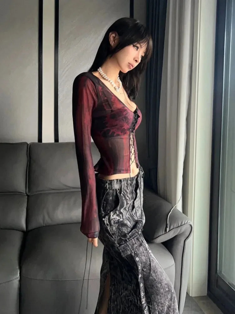 Rebel Chic Coquette Sexy Tie Dye Maglie in Rete Top Fascia Crop T-Shirt Donna