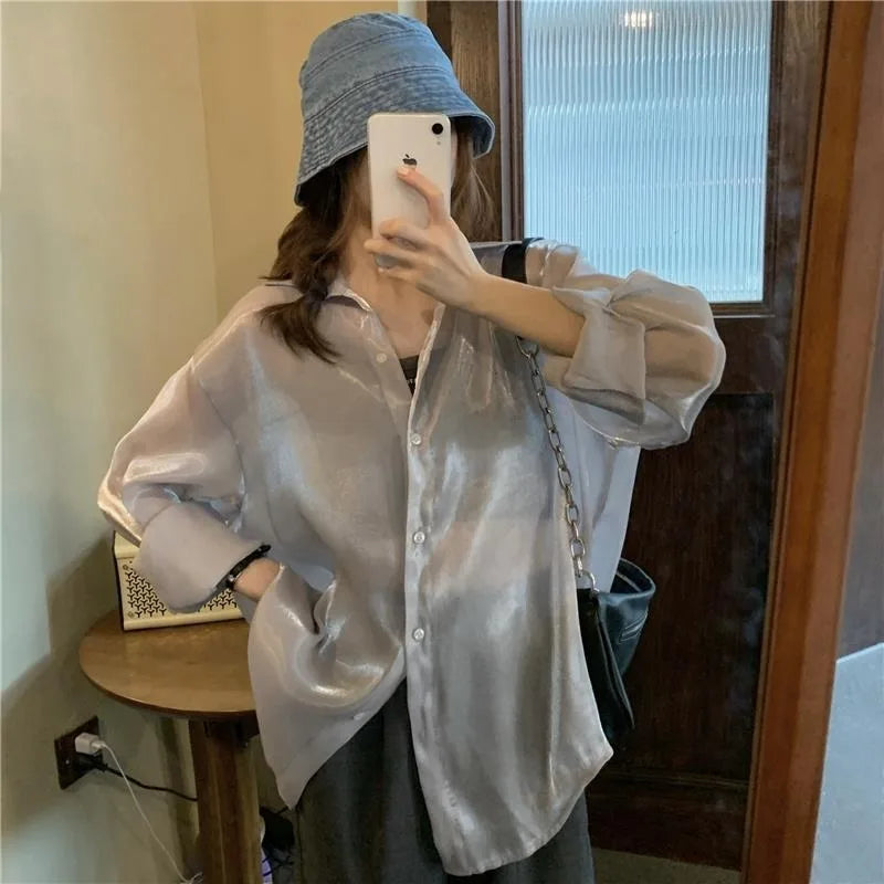 Elegante Camicia Oversize in Raso per Donne