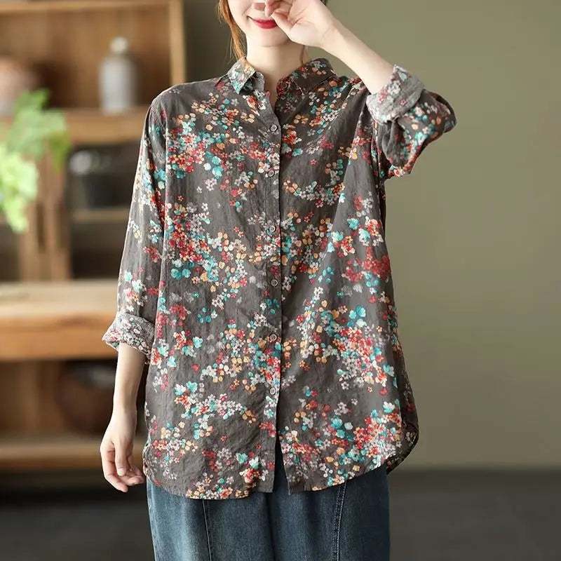 Retro Bloemenprint Shirt met Katoen en Linnen