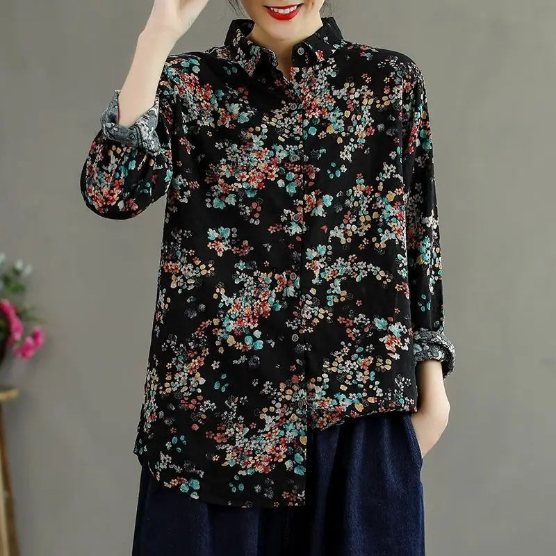 Retro Bloemenprint Shirt met Katoen en Linnen