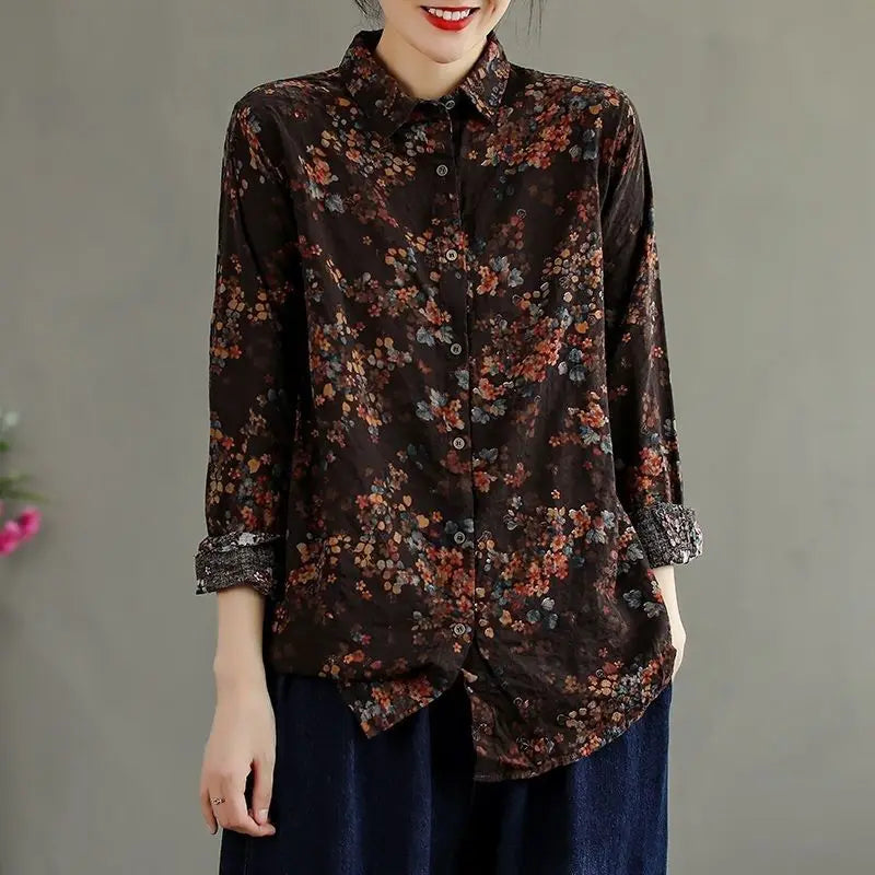Retro Bloemenprint Shirt met Katoen en Linnen