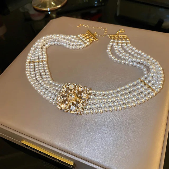 Luna Strass Fiore Perla Collana Multistrato