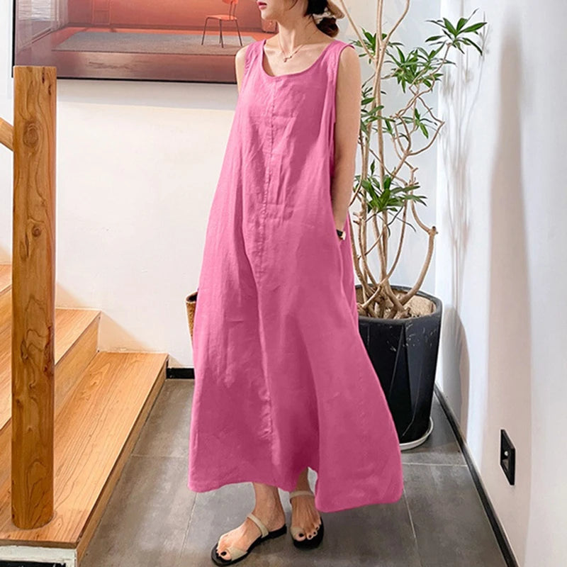 Stylish Spring Summer Dress with O-Neck and Sleeveless Tank Style