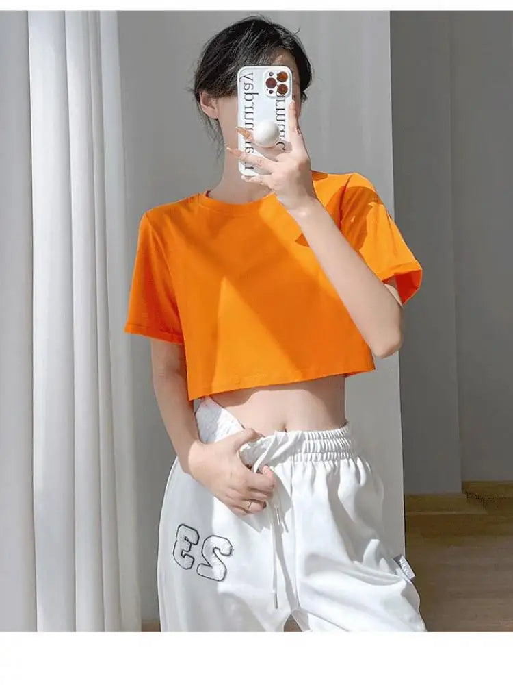 Lina | Top de verano ajustado con cuello redondo y mangas cortas para mujer | Naranja