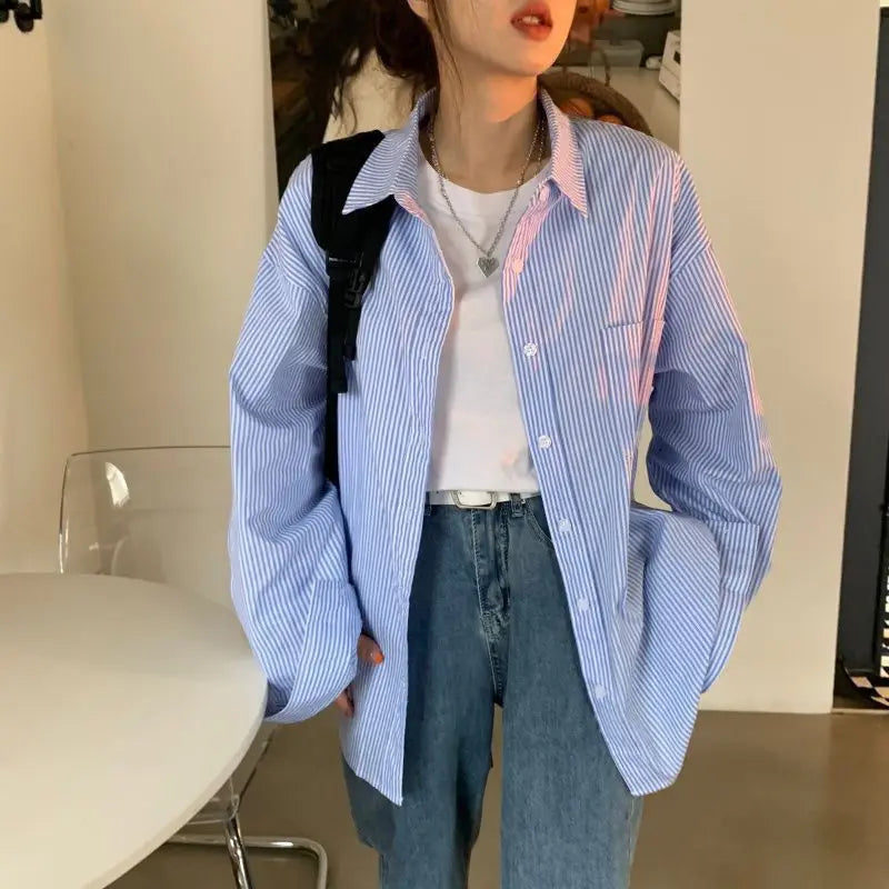 Elva | Dames Oversized Gestreept Overhemd met Lange Mouwen | Blauw