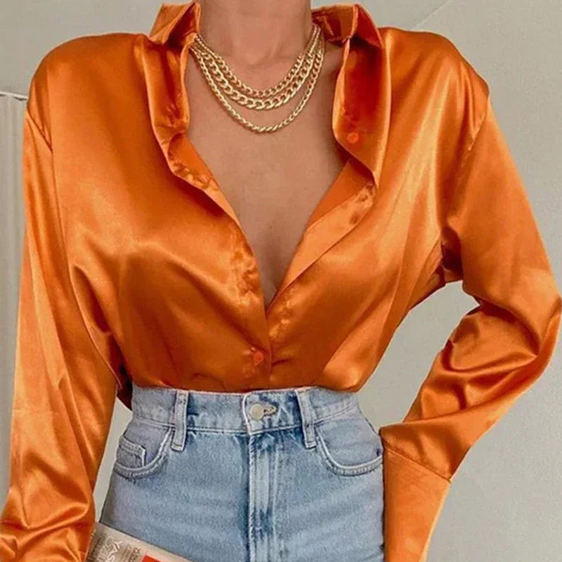 Sophie | Damen Satinbluse mit langen Ärmeln | Orange