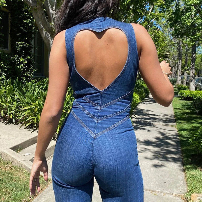 Velanora - Bodycon hard denim jumpsuit with open back