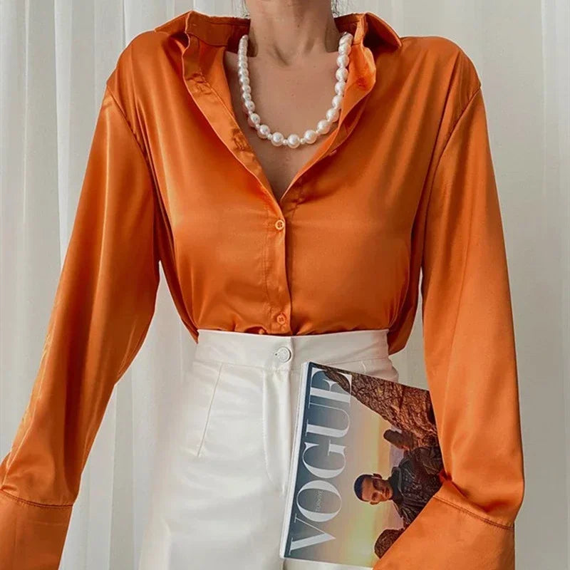 Sophie | Damen Satinbluse mit langen Ärmeln | Orange