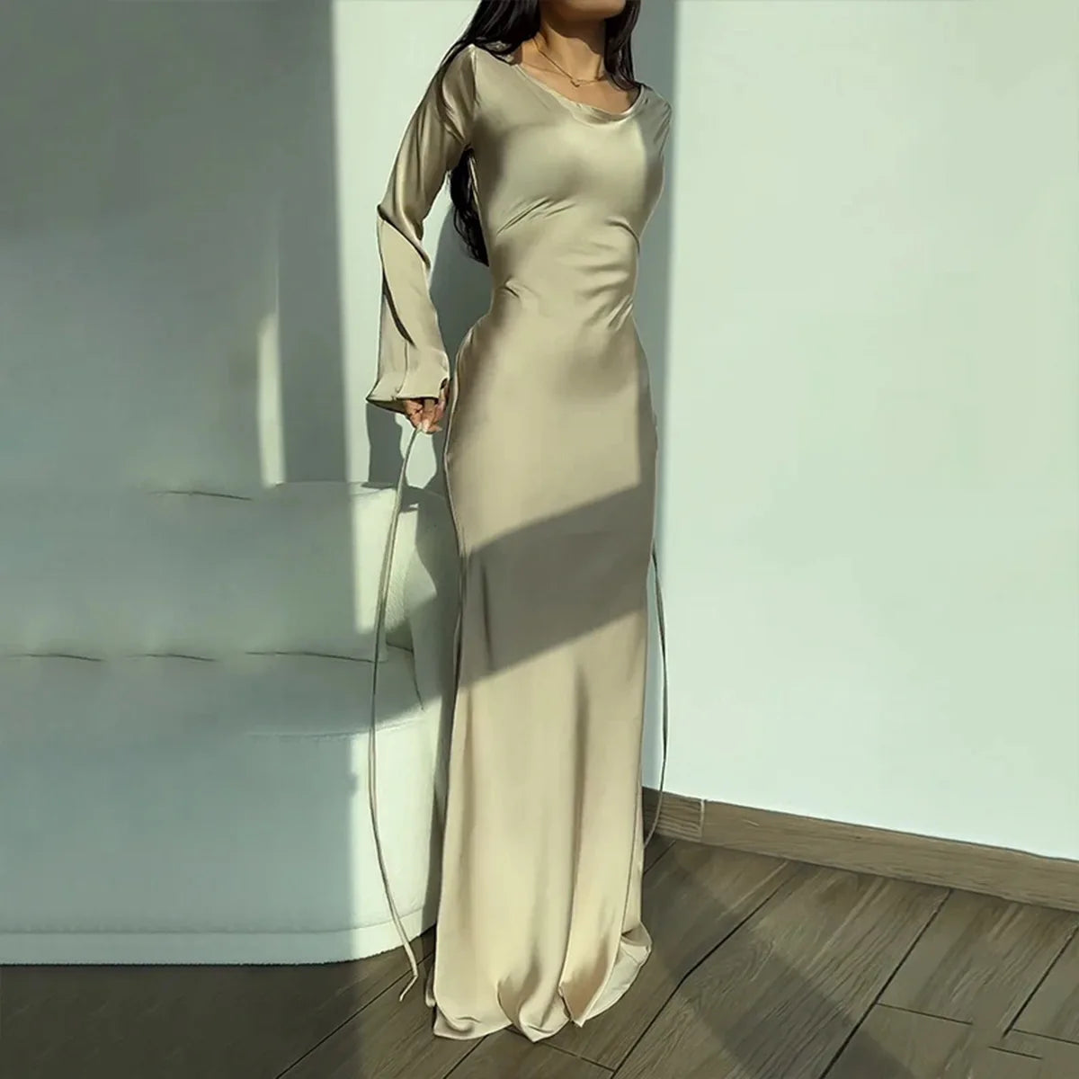 VELANORA elegant satin party dress with long sleeves