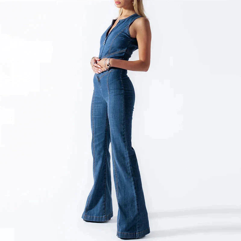 Velanora - Bodycon hard denim jumpsuit with open back