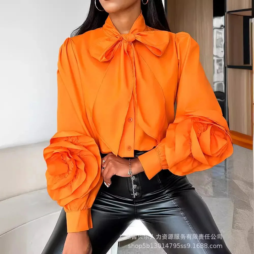 Amara | Women Floral Pattern Bow Shirt | Orange