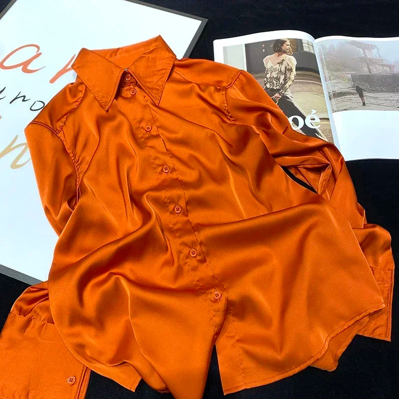 Sophie | Damen Satinbluse mit langen Ärmeln | Orange