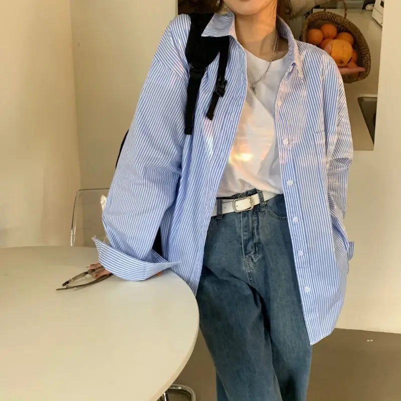 Elva | Dames Oversized Gestreept Overhemd met Lange Mouwen | Blauw